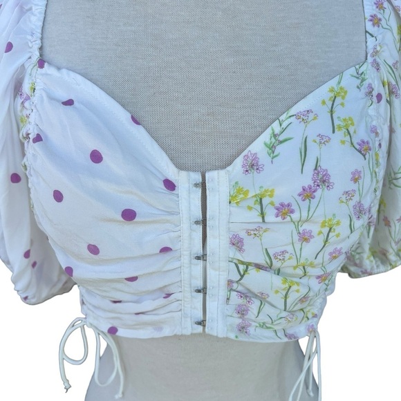 For Love & Lemons Strudel Floral Blouse Puff Sleeve Polka Dot Cropped Smocked LG - Picture 5 of 13